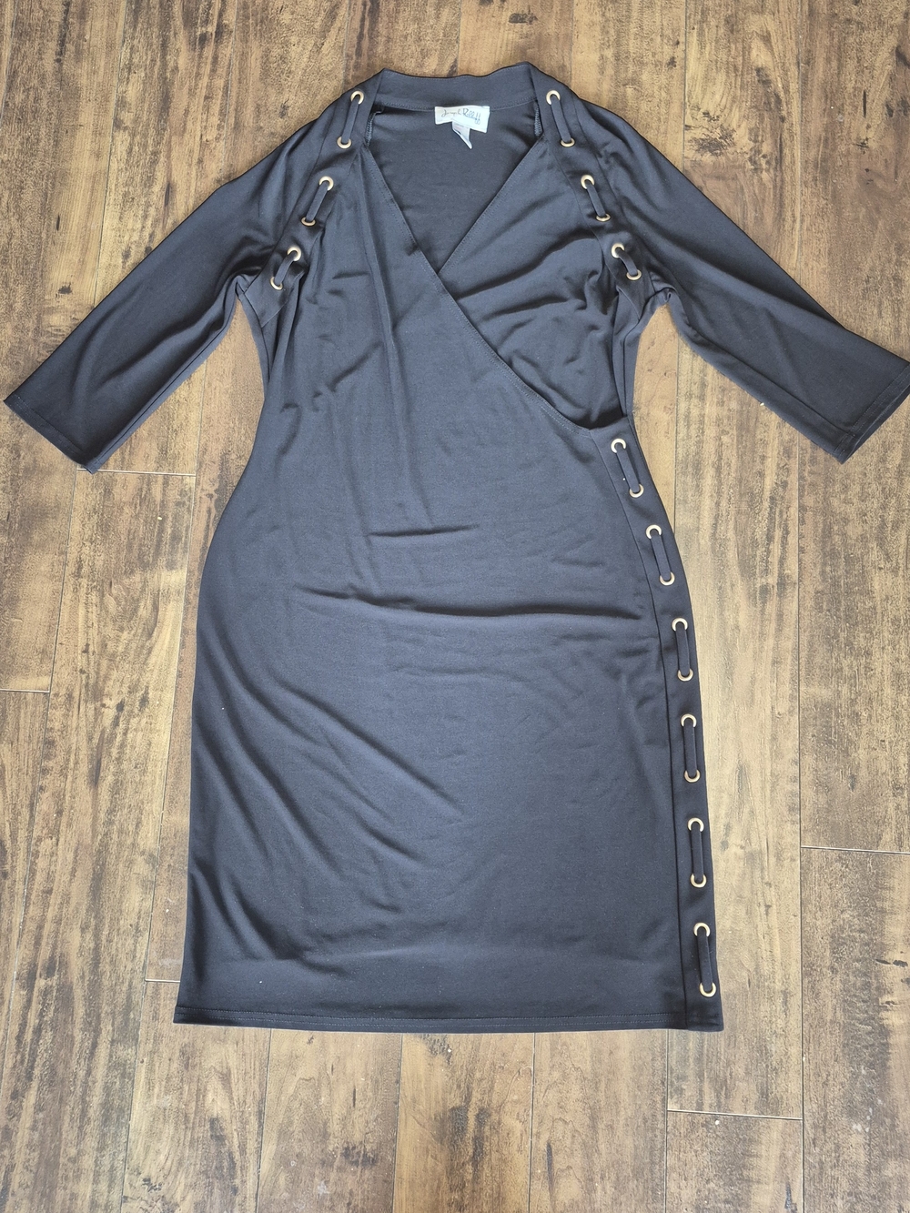 Joseph Ribkoff Black Wrap Dress Gold Grommet Detail 3/4 Sleeve Midi Dress - Picture 6 of 7